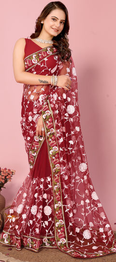 Red and Maroon color Saree in Net fabric with Embroidered, Resham, Thread work