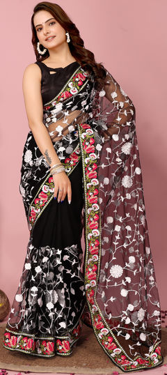 Black and Grey color Saree in Net fabric with Embroidered, Resham, Thread work