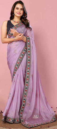 Purple and Violet color Saree in Organza Silk fabric with Border, Embroidered, Thread work