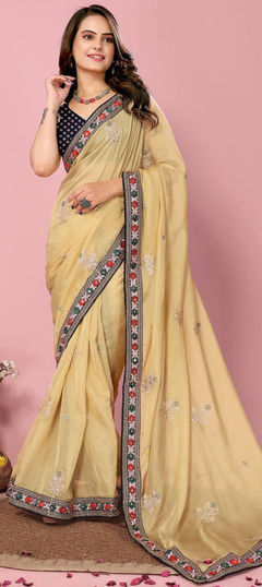 Yellow color Saree in Organza Silk fabric with Border, Embroidered, Thread work