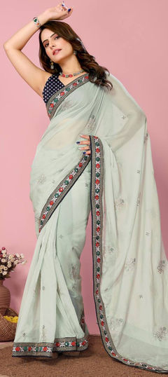 Green color Saree in Organza Silk fabric with Border, Embroidered, Thread work