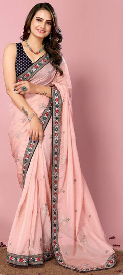 Pink and Majenta color Saree in Organza Silk fabric with Border, Embroidered, Thread work