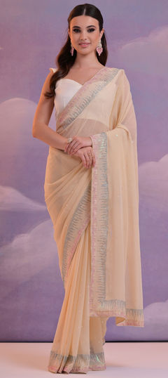 Beige and Brown color Saree in Georgette fabric with Embroidered, Sequence, Thread work