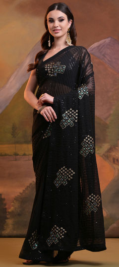 Black and Grey color Saree in Georgette fabric with Embroidered, Sequence, Thread work