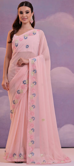 Pink and Majenta color Saree in Georgette fabric with Embroidered, Sequence, Thread work