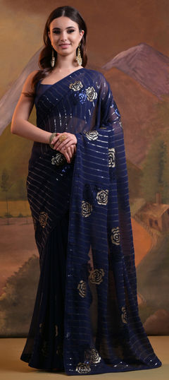 Blue color Saree in Georgette fabric with Embroidered, Sequence, Thread work