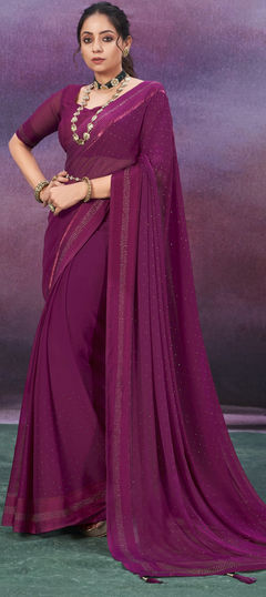 Purple and Violet color Saree in Chiffon fabric with Stone, Swarovski work