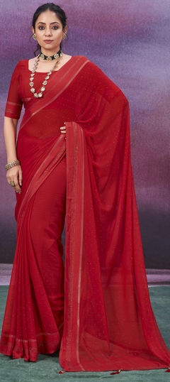 Red and Maroon color Saree in Chiffon fabric with Stone, Swarovski work