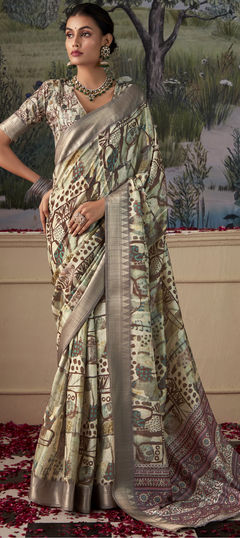 Multicolor color Saree in Tussar Silk fabric with Digital Print, Weaving work