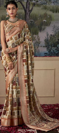 Multicolor color Saree in Tussar Silk fabric with Digital Print, Weaving work