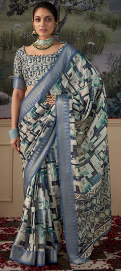 Multicolor color Saree in Tussar Silk fabric with Digital Print, Weaving work