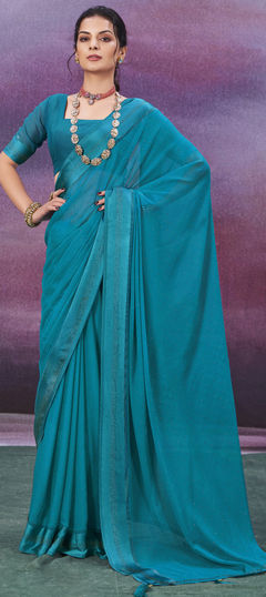 Blue color Saree in Chiffon fabric with Stone, Swarovski work