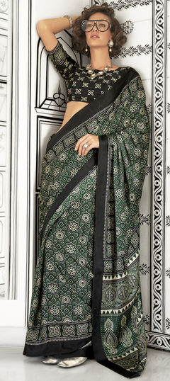 Green color Saree in Satin Silk fabric with Printed work