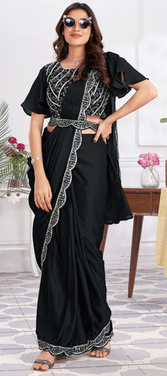 Mehendi Sangeet, Reception, Wedding Black and Grey color Readymade Saree in Satin Silk fabric with Classic Embroidered, Sequence work : 1952880