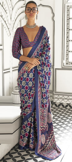 Blue color Saree in Satin Silk fabric with Printed work