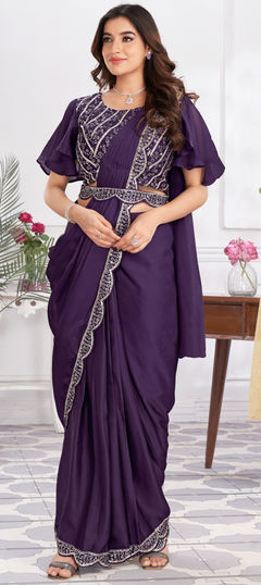 Mehendi Sangeet, Reception, Wedding Purple and Violet color Readymade Saree in Satin Silk fabric with Classic Embroidered, Sequence work : 1952884