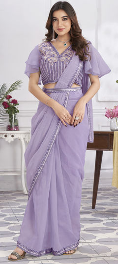 Mehendi Sangeet, Reception, Wedding Purple and Violet color Readymade Saree in Georgette fabric with Classic Embroidered, Sequence work : 1952888