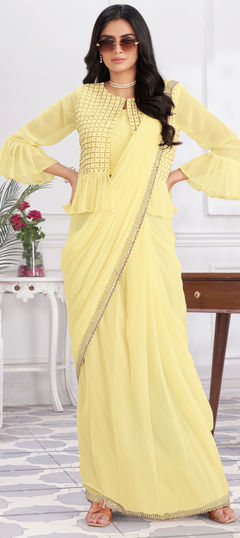 Engagement, Reception, Wedding Yellow color Readymade Saree in Georgette fabric with Classic Embroidered, Sequence work : 1952894