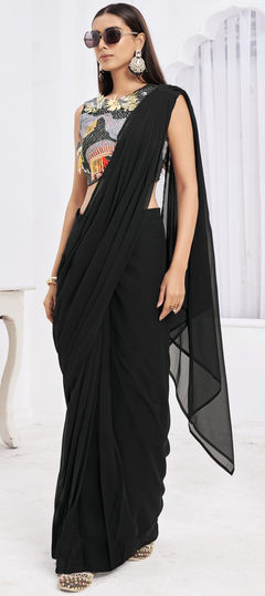 Festive, Party Wear Black and Grey color Readymade Saree in Georgette fabric with Classic Bugle Beads, Embroidered, Thread work : 1952945