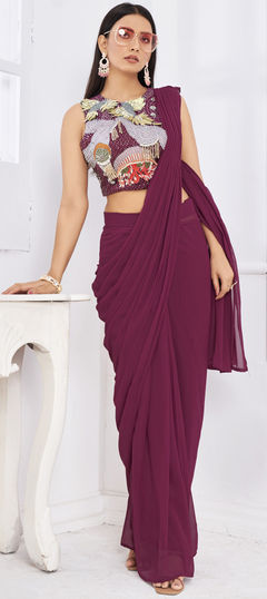 Festive, Party Wear Red and Maroon color Readymade Saree in Georgette fabric with Classic Embroidered, Sequence, Thread work : 1952946