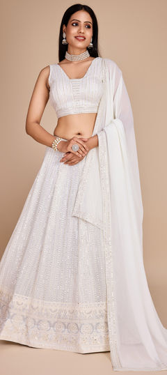 White and Off White color Lehenga in Faux Georgette fabric with Embroidered, Sequence, Thread work
