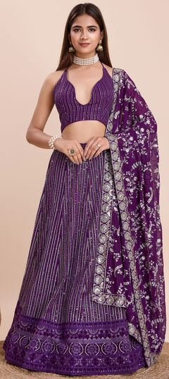 Purple and Violet color Lehenga in Faux Georgette fabric with Embroidered, Sequence, Thread work