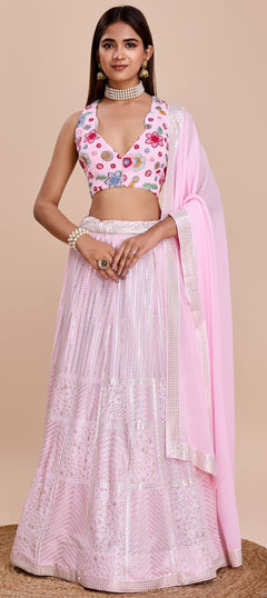 Pink and Majenta color Lehenga in Faux Georgette fabric with Embroidered, Sequence, Thread work
