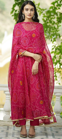 Festive, Party Wear Pink and Majenta color Salwar Kameez in Rayon fabric with Anarkali Bandhej, Lace, Printed work : 1952955