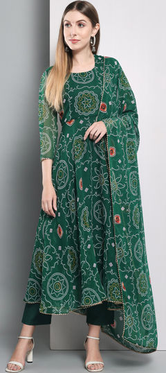 Festive, Party Wear Green color Salwar Kameez in Rayon fabric with Anarkali Bandhej, Printed work : 1952958