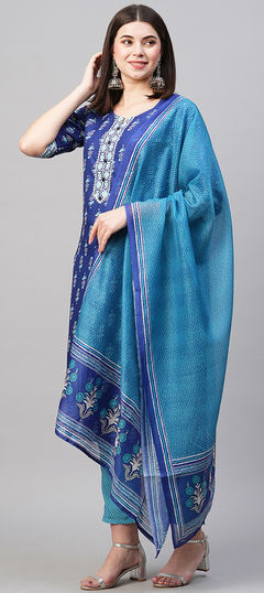 Blue color Salwar Kameez in Rayon fabric with Printed work