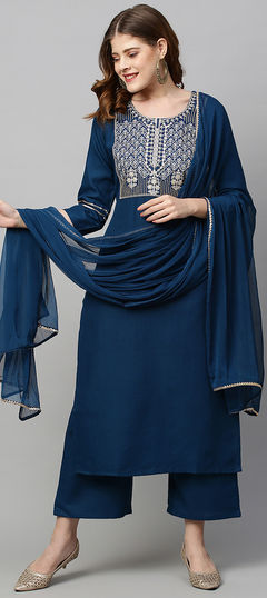 Blue color Salwar Kameez in Rayon fabric with Embroidered work