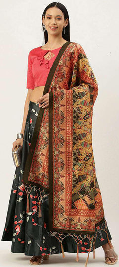 Festive, Reception Black and Grey color Lehenga in Satin Silk fabric with Flared Floral, Printed work : 1952976