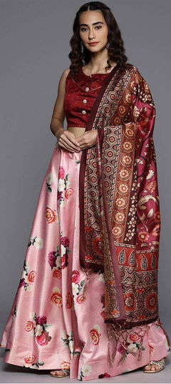 Pink and Majenta color Lehenga in Satin Silk fabric with Floral, Printed work