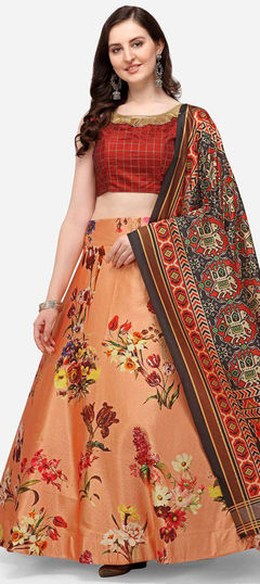 Orange color Lehenga in Satin Silk fabric with Floral, Printed work