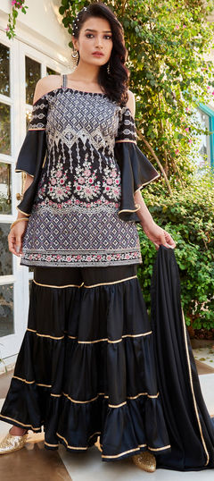 Reception, Wedding Black and Grey color Salwar Kameez in Cotton fabric with Sharara, Straight Embroidered, Thread work : 1953046