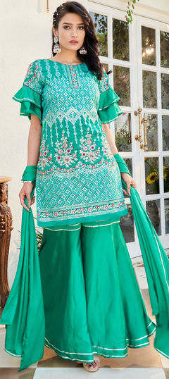 Reception, Wedding Green color Salwar Kameez in Cotton fabric with Sharara, Straight Embroidered, Thread work : 1953047