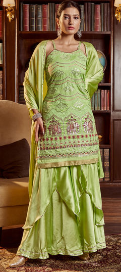 Reception, Wedding Green color Salwar Kameez in Cotton fabric with Sharara, Straight Embroidered, Thread work : 1953053