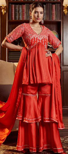 Reception, Wedding Red and Maroon color Salwar Kameez in Cotton fabric with Sharara Embroidered, Thread work : 1953059