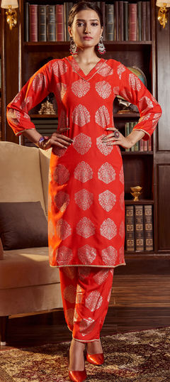 Red and Maroon color Salwar Kameez in Rayon fabric with Foil Print work