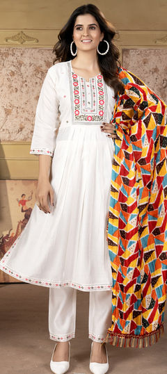 White and Off White color Salwar Kameez in Viscose fabric with Embroidered, Thread work