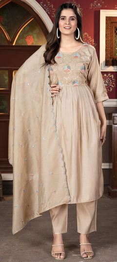 Beige and Brown color Salwar Kameez in Viscose fabric with Embroidered, Thread work