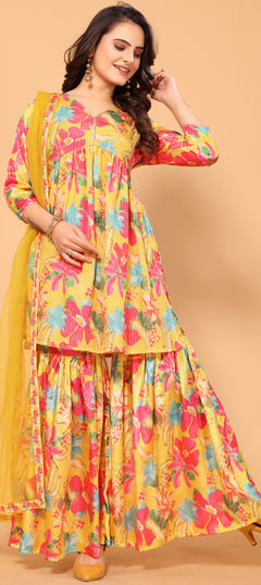 Festive, Party Wear, Reception Yellow color Salwar Kameez in Viscose fabric with Sharara, Straight Digital Print, Floral, Sequence work : 1953079