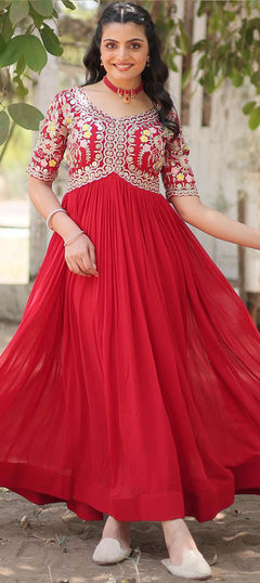 Festive, Party Wear, Reception Red and Maroon color Gown in Georgette fabric with Embroidered, Sequence, Zari work : 1953125