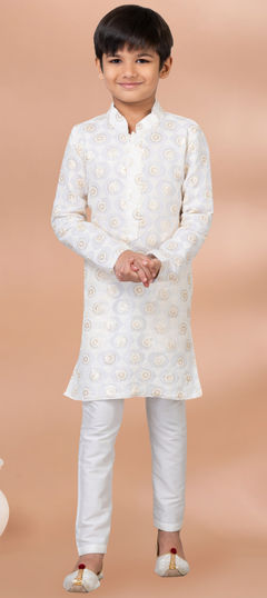 White and Off White color Boys Kurta Pyjama in Viscose fabric with Sequence work