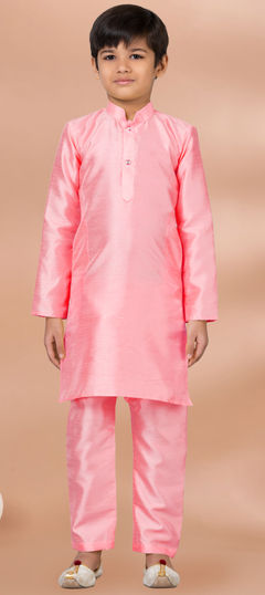 Orange color Boys Kurta Pyjama in Dupion Silk fabric with Thread work