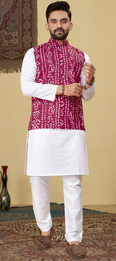 White and Off White color Kurta Pyjama with Jacket in Cotton fabric with Bandhej work