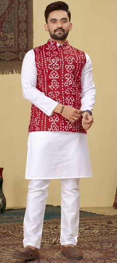 White and Off White color Kurta Pyjama with Jacket in Cotton fabric with Bandhej work