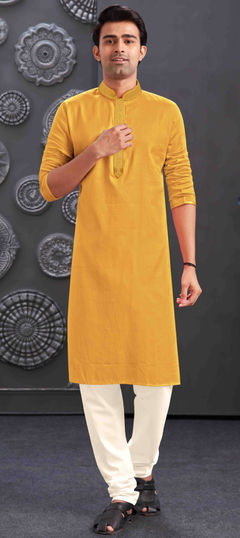 Yellow color Kurta Pyjamas in Blended fabric with Embroidered, Thread work