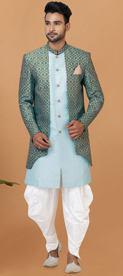 Blue color IndoWestern Dress in Jacquard fabric with Weaving work
