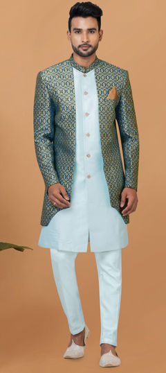 Blue color IndoWestern Dress in Jacquard fabric with Weaving work